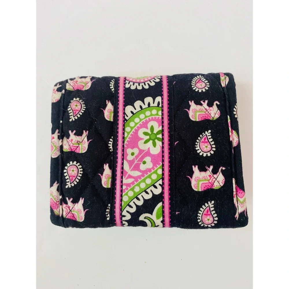 Retired Vera Elephant Parade Trifold Wallet Black Pink Quilted Cotton - Picture 2 of 4